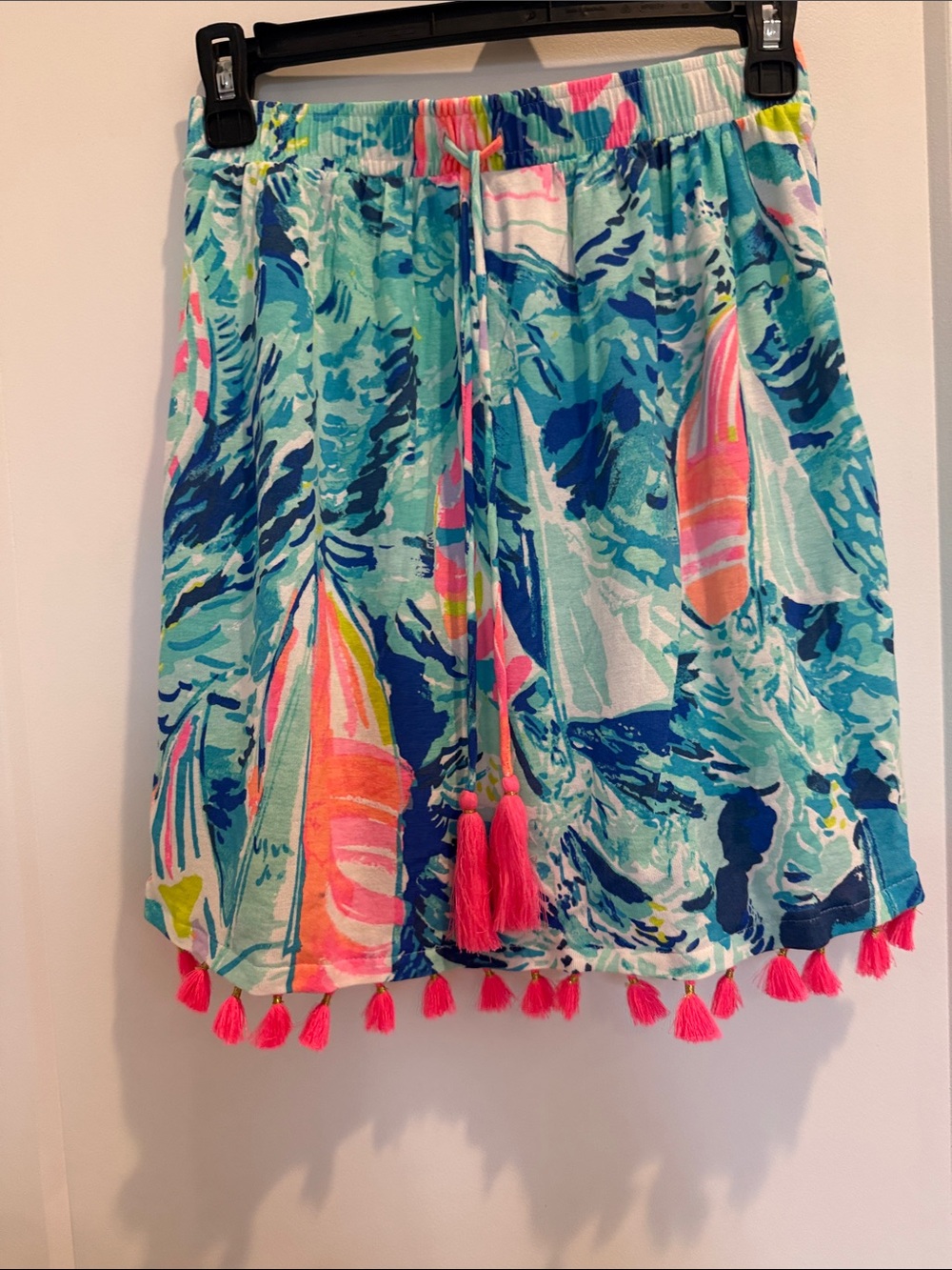 Lilly Pulitzer Turquoise Multi Print Skirt with Pink Tassels